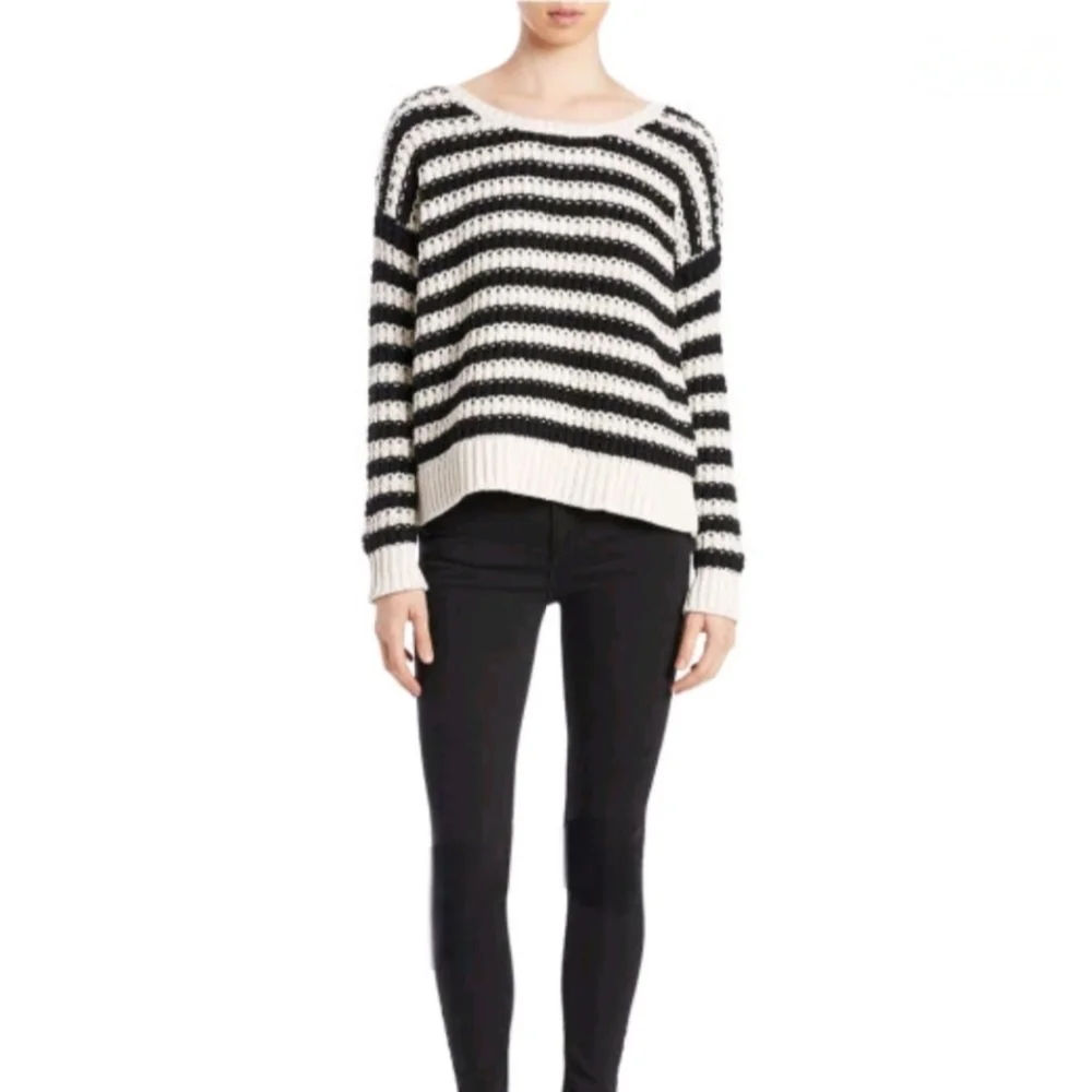 Free People At The Beach  Long Sleeve Cotton Pullover Sweater Ivory/Black Sz Med